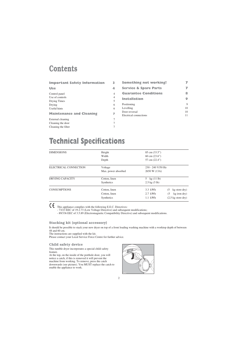 Technical specifications contents | Tricity Bendix TM 210 W User Manual | Page 2 / 12