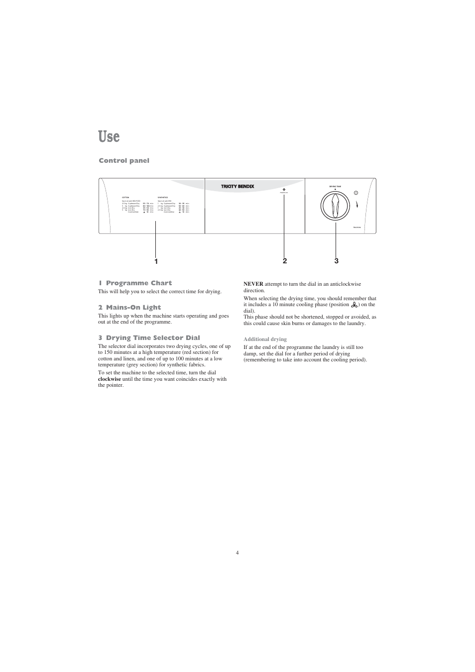 1 programme chart, 2 mains-on light, 3 drying time selector dial | Control panel | Tricity Bendix TM 210 W User Manual | Page 4 / 12