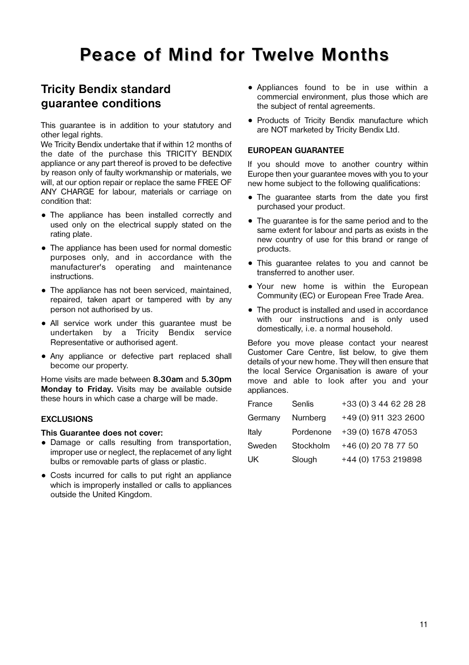Tricity bendix standard guarantee conditions | Tricity Bendix TB 89 L User Manual | Page 11 / 20