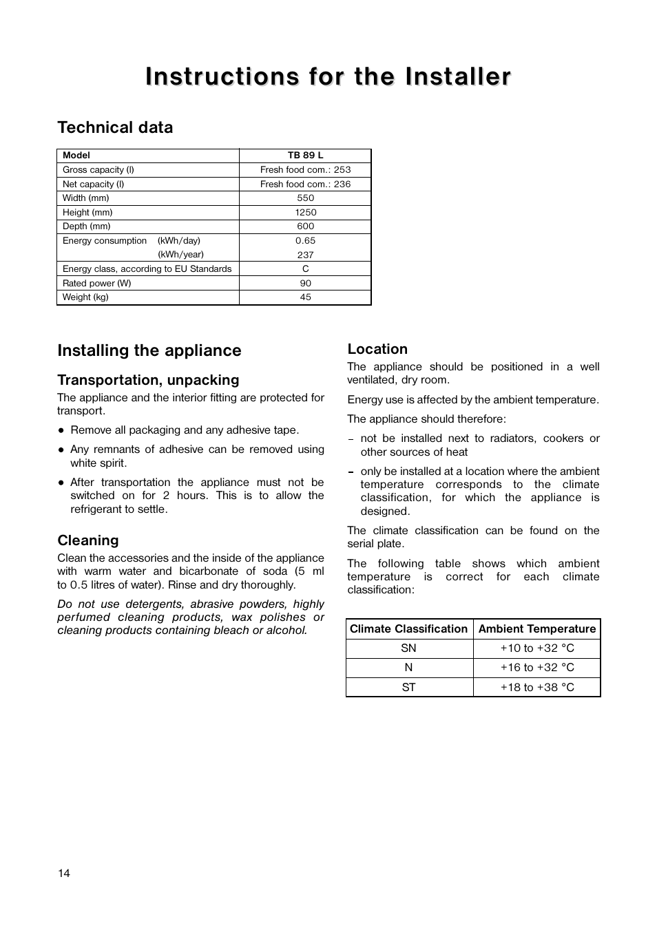 Installing the appliance, Technical data | Tricity Bendix TB 89 L User Manual | Page 14 / 20