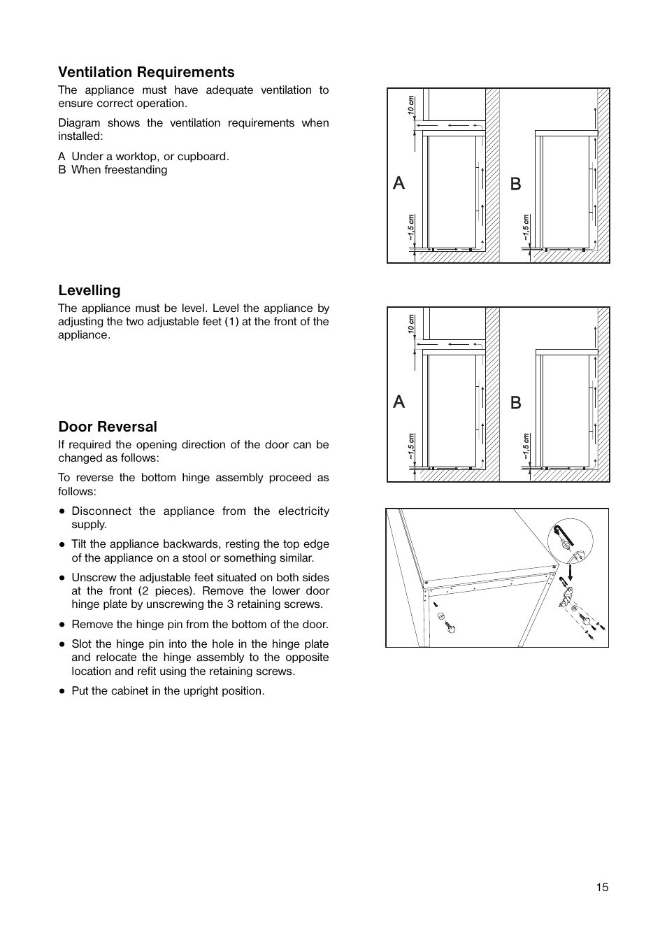 Ventilation requirements, Levelling, Door reversal | Tricity Bendix TB 89 L User Manual | Page 15 / 20