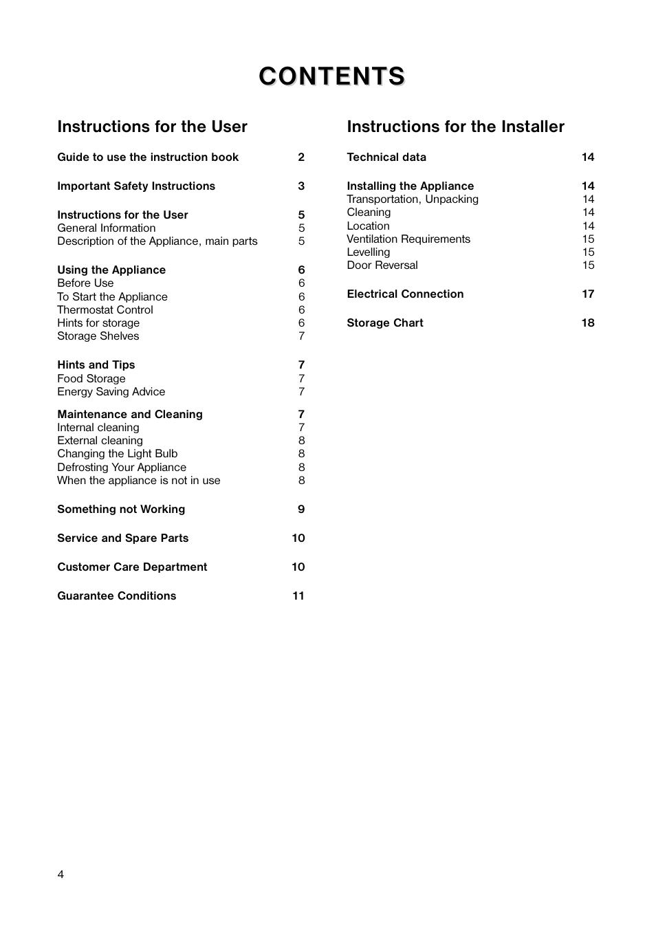 Content, Content s s, Instructions for the user | Instructions for the installer | Tricity Bendix TB 89 L User Manual | Page 4 / 20
