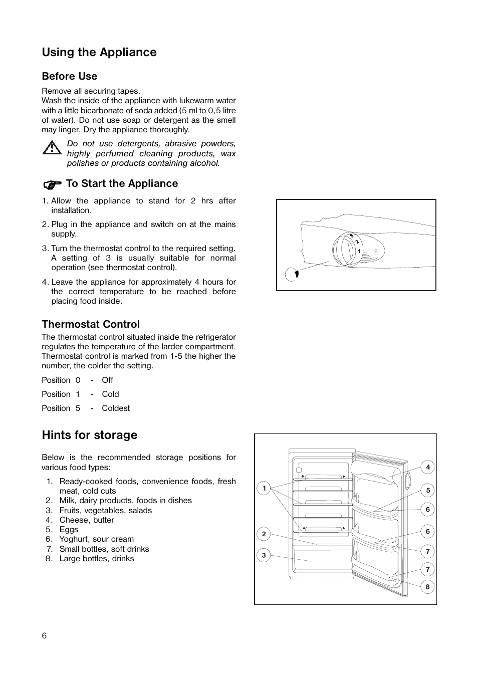 Using the appliance, Hints for storage | Tricity Bendix TB 89 L User Manual | Page 6 / 20