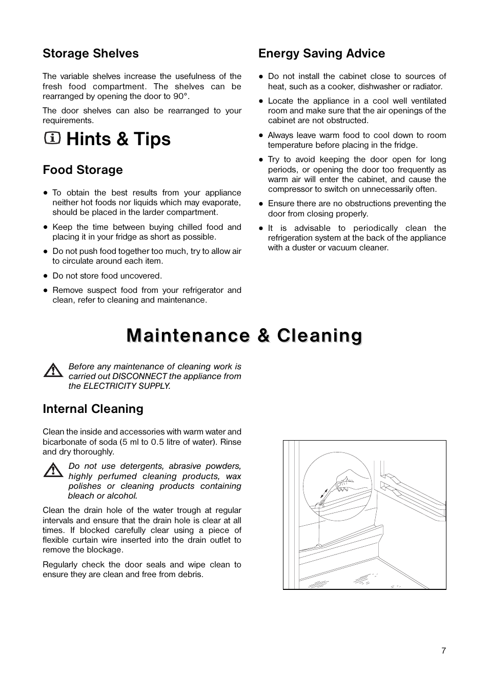 Hints & tips, Maint, Maint enance & cleaning enance & cleaning | Storage shelves, Food storage, Energy saving advice, Internal cleaning | Tricity Bendix TB 89 L User Manual | Page 7 / 20