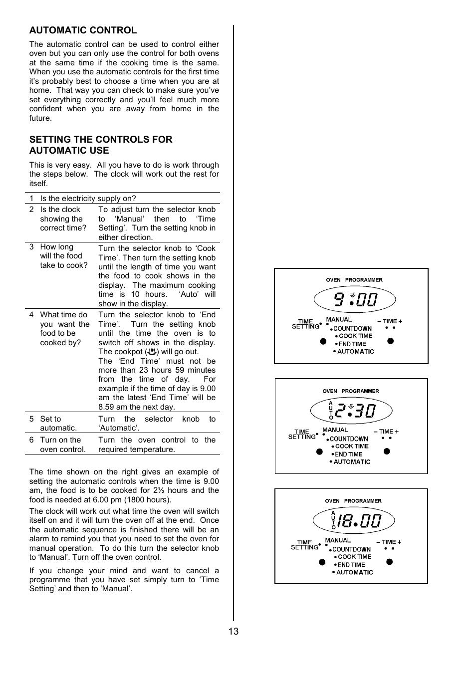 13 automatic control, Setting the controls for automatic use | Tricity Bendix SIE531 User Manual | Page 13 / 32