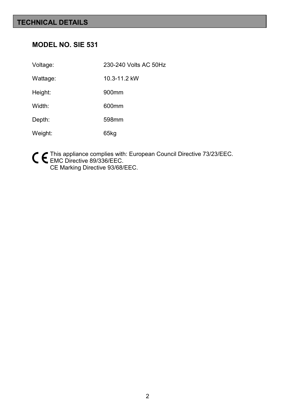 Tricity Bendix SIE531 User Manual | Page 2 / 32