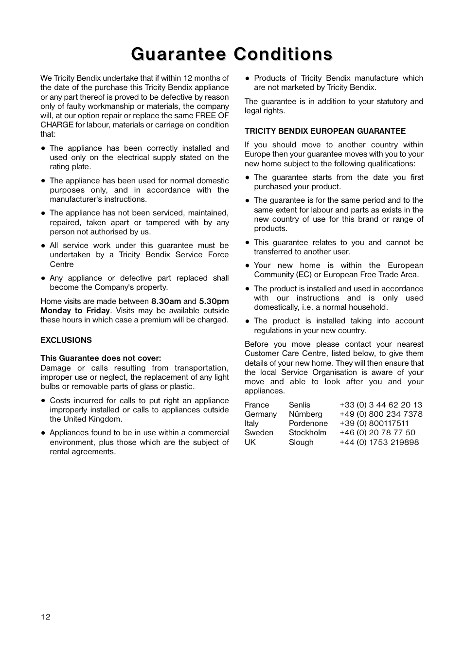 Guar, Guar ant ant ee conditions ee conditions | Tricity Bendix TB 55 R User Manual | Page 12 / 20