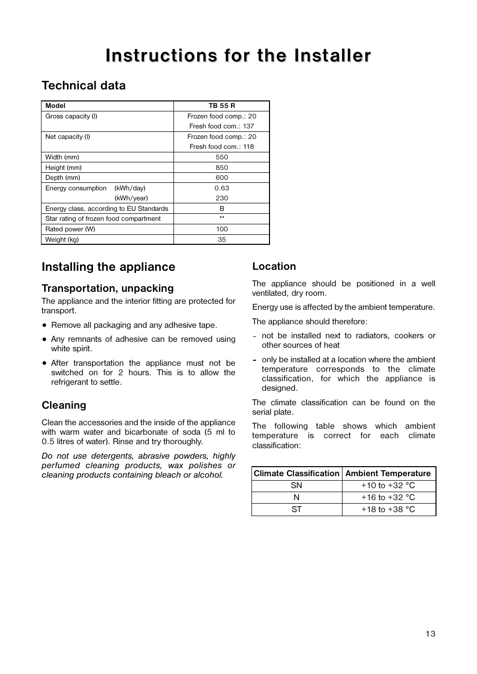 Installing the appliance, Technical data | Tricity Bendix TB 55 R User Manual | Page 13 / 20
