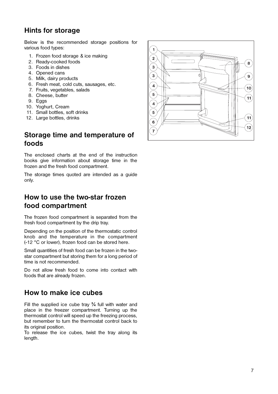 Hints for storage, Storage time and temperature of foods, How to use the two-star frozen food compartment | How to make ice cubes | Tricity Bendix TB 55 R User Manual | Page 7 / 20