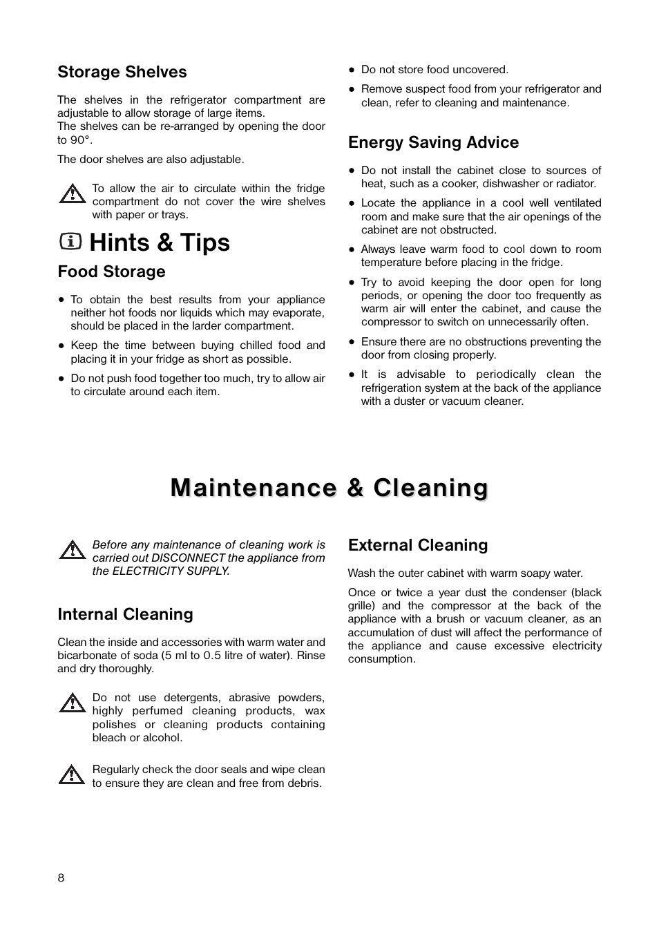 Hints & tips, Maint, Maint enance & cleaning enance & cleaning | Storage shelves, Food storage, Energy saving advice, Internal cleaning, External cleaning | Tricity Bendix TB 55 R User Manual | Page 8 / 20