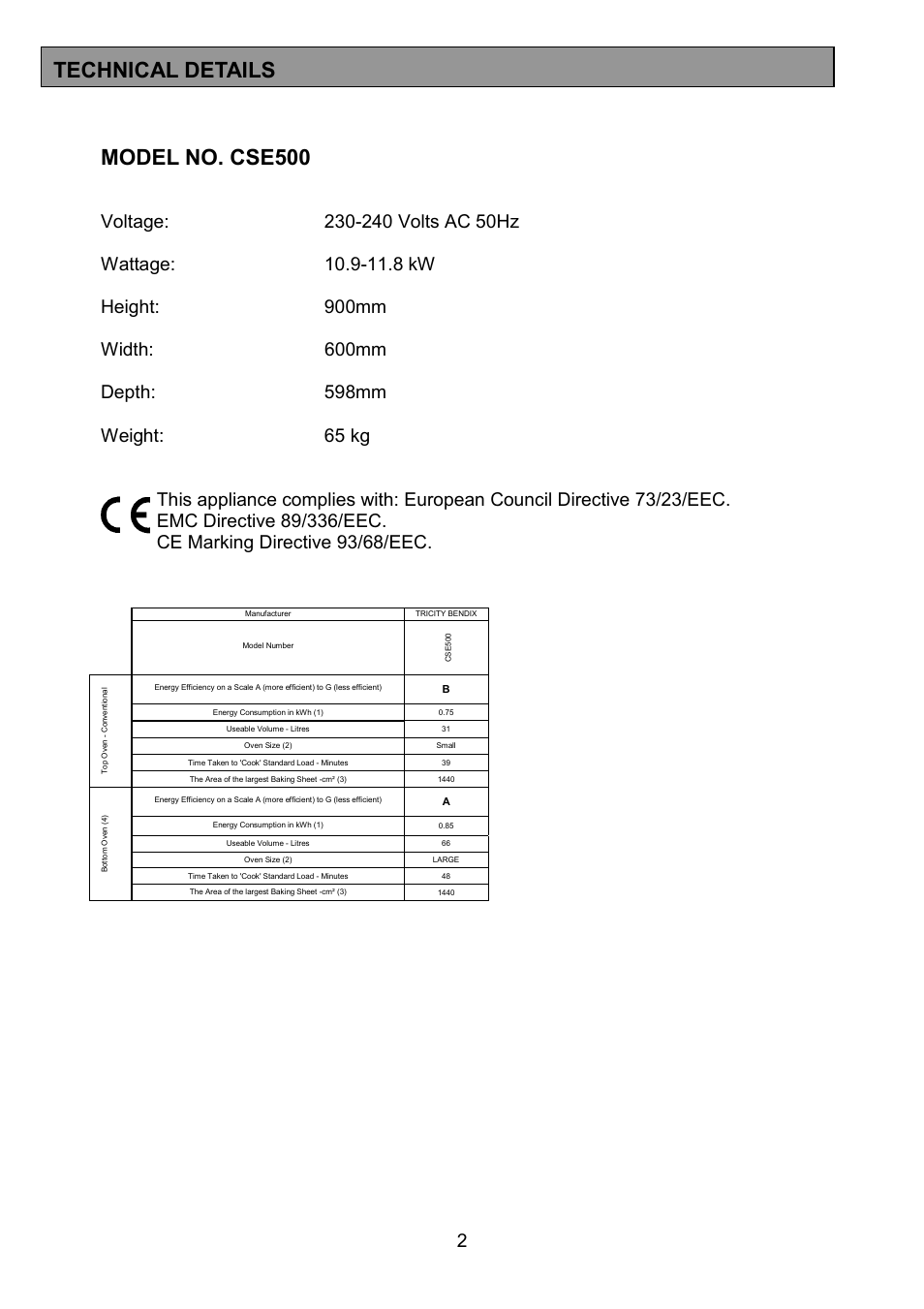 Model no. cse500, Technical details | Tricity Bendix CSE500 User Manual | Page 2 / 32