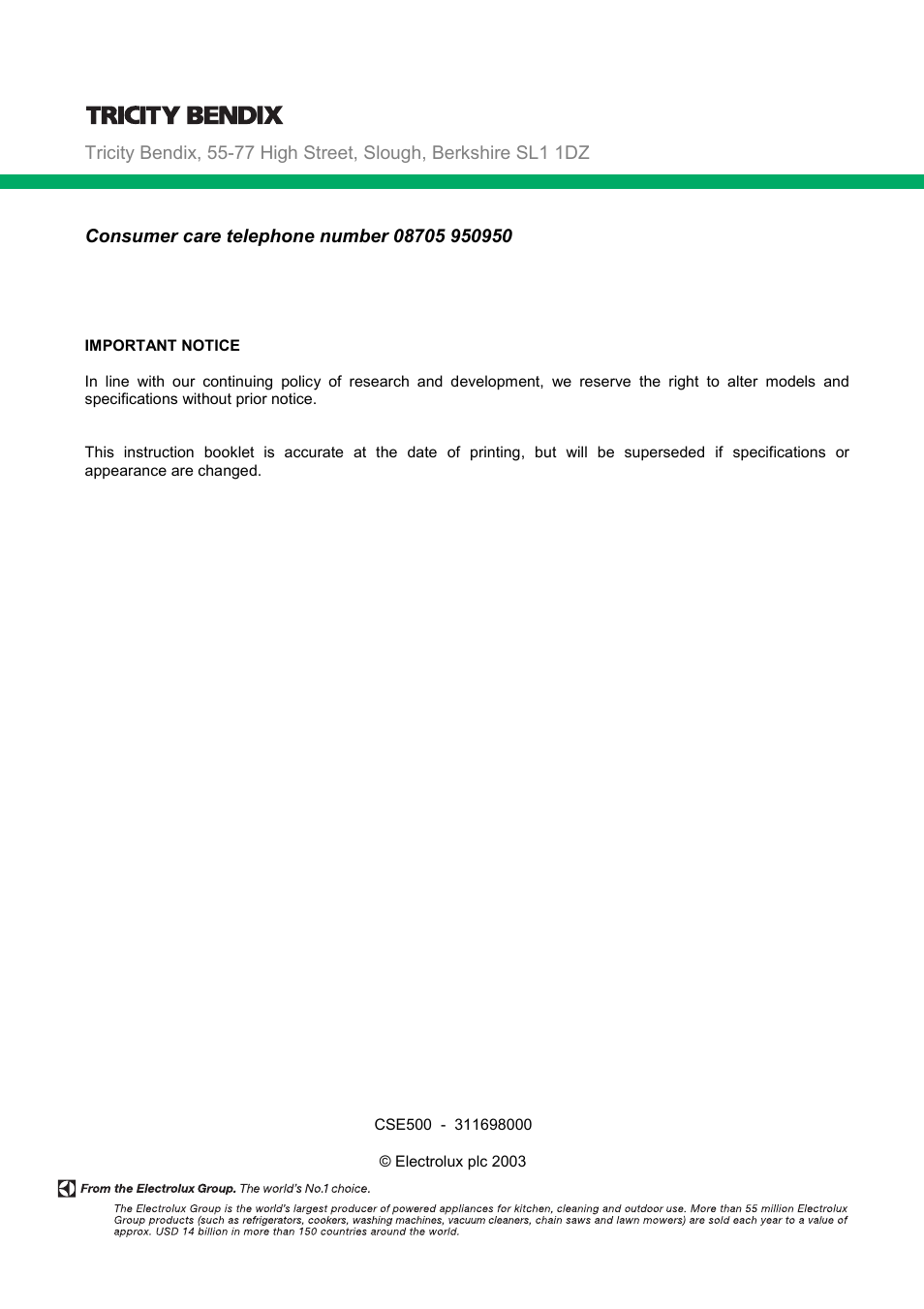 Tricity Bendix CSE500 User Manual | Page 32 / 32