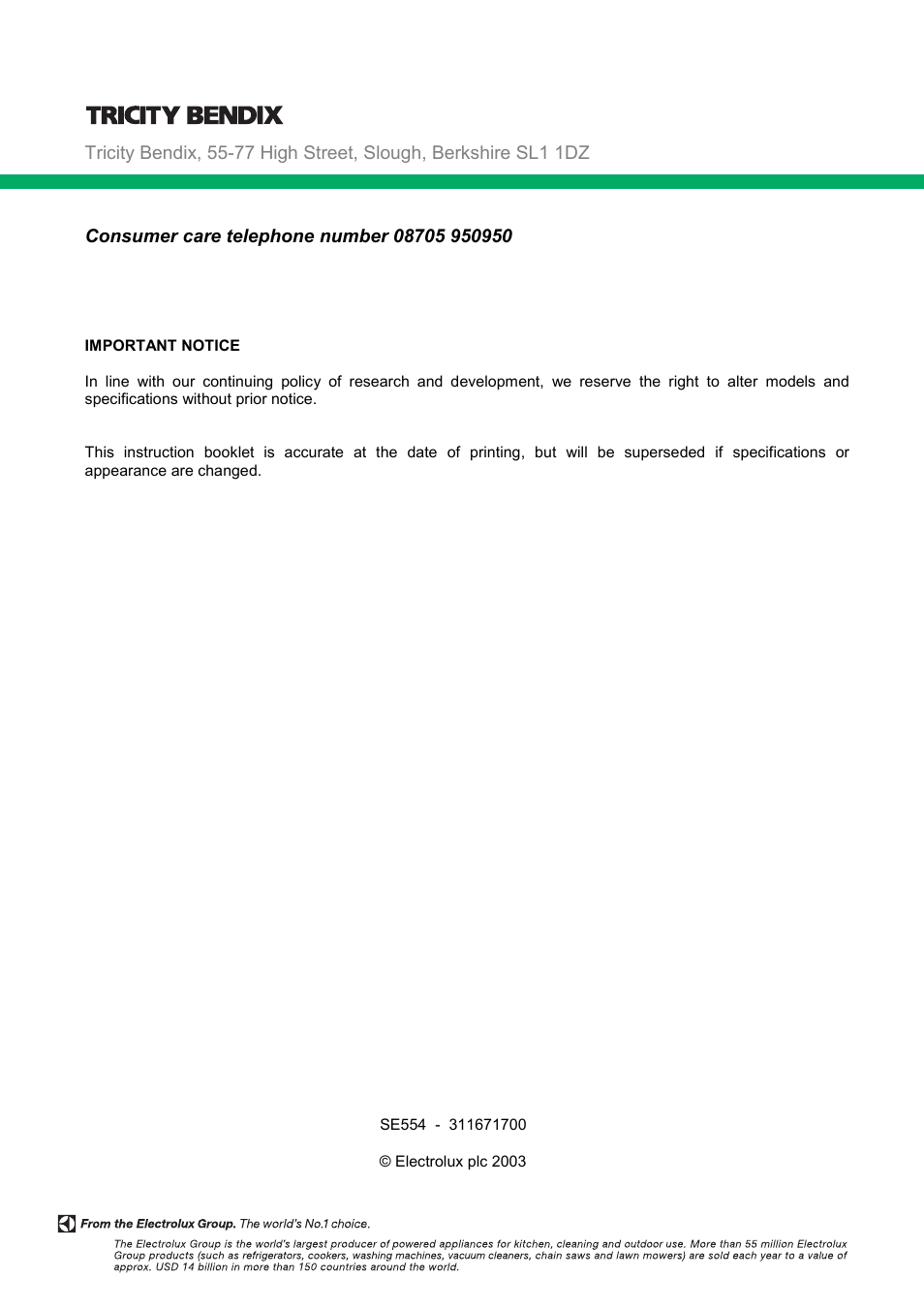 Tricity Bendix SE554 User Manual | Page 32 / 32