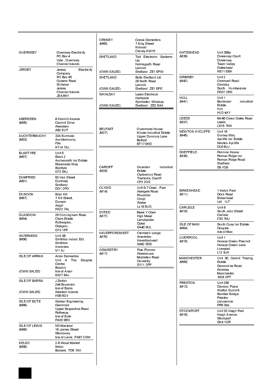 Tricity bendix service force, Channel islands, Scotland | Northern ireland, Wales, North east, North west | Tricity Bendix BD 912/2 User Manual | Page 36 / 40