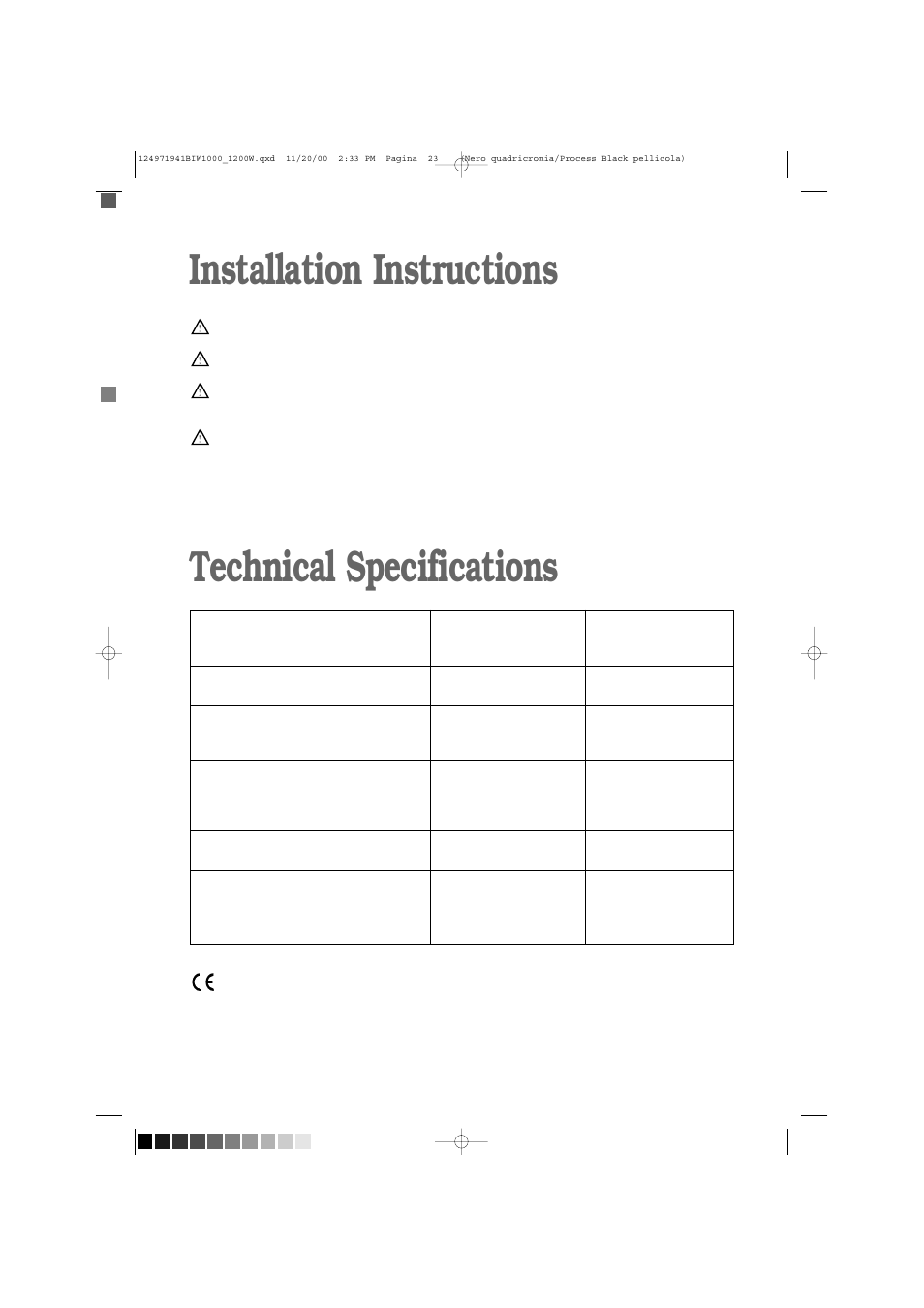 Installation instructions technical specifications | Tricity Bendix BIW 1000W User Manual | Page 23 / 28