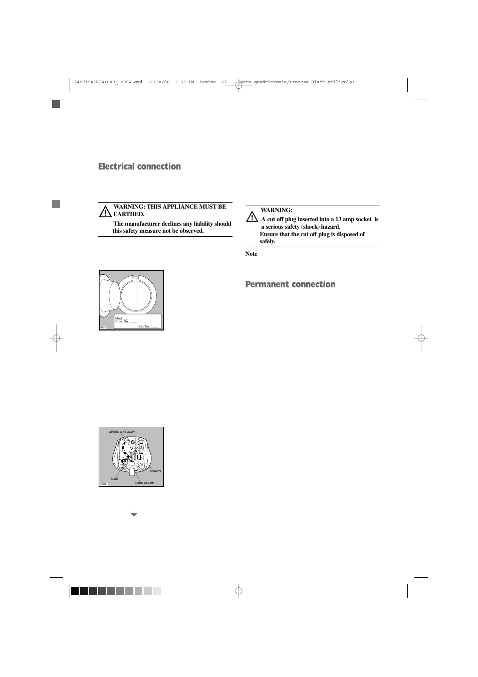 Electrical connection, Permanent connection, Mod. .......... prod. no. ........... ser. no | Tricity Bendix BIW 1000W User Manual | Page 27 / 28