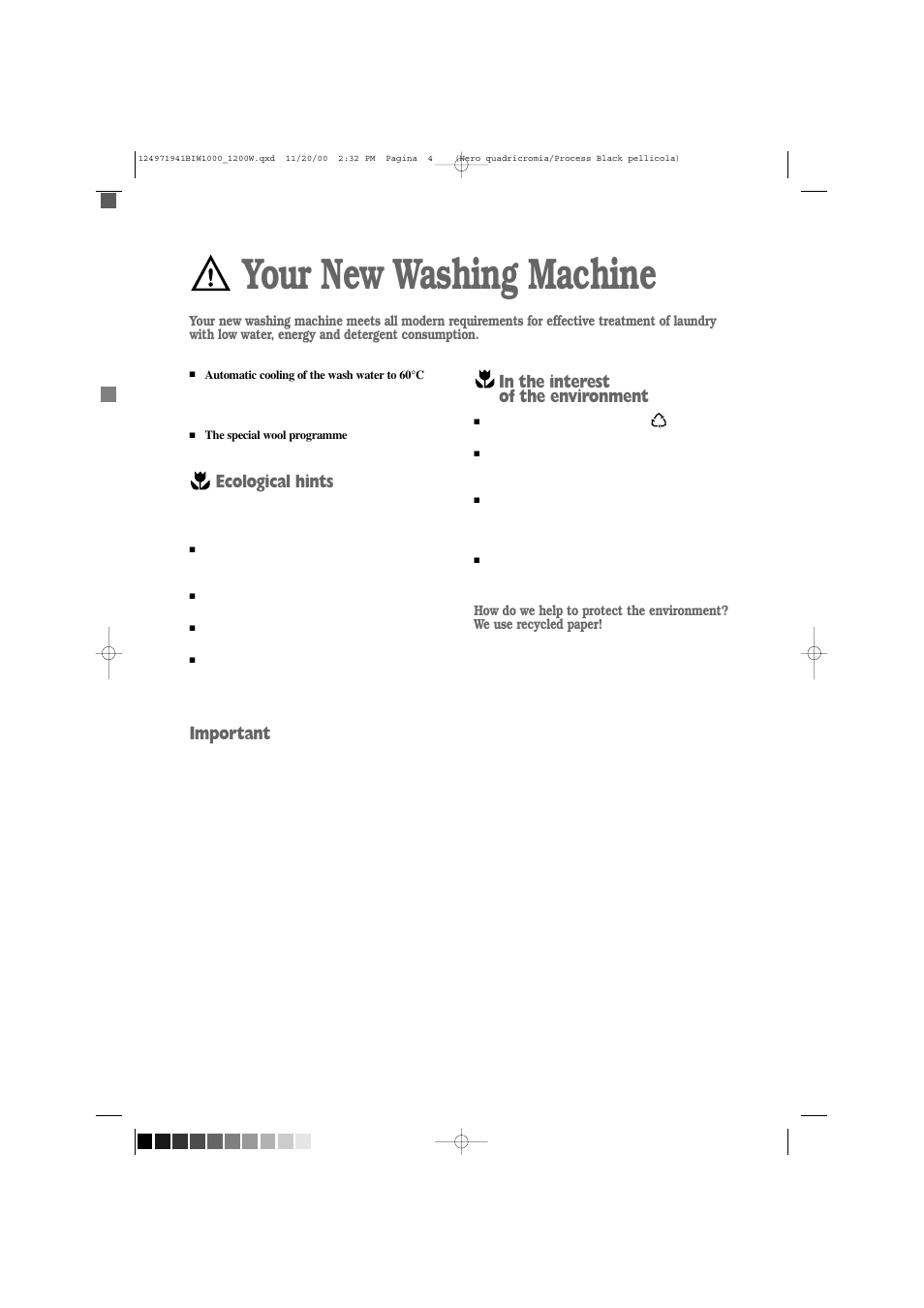 Your new washing machine, Ecological hints, Important | Tricity Bendix BIW 1000W User Manual | Page 4 / 28