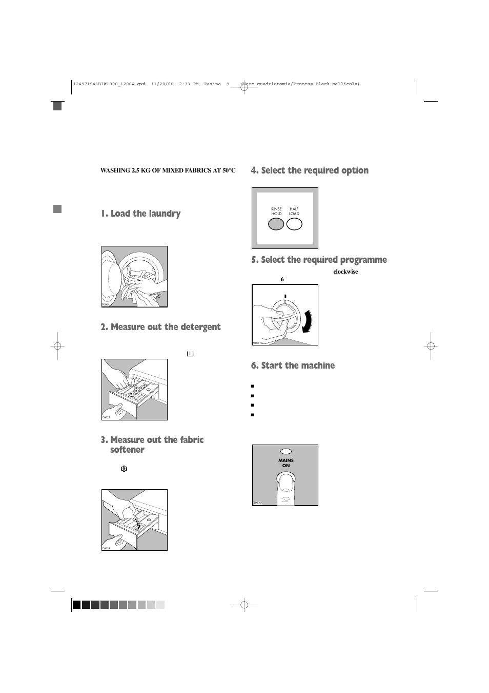 Load the laundry, Measure out the detergent, Measure out the fabric softener | Select the required option, Select the required programme, Start the machine | Tricity Bendix BIW 1000W User Manual | Page 9 / 28