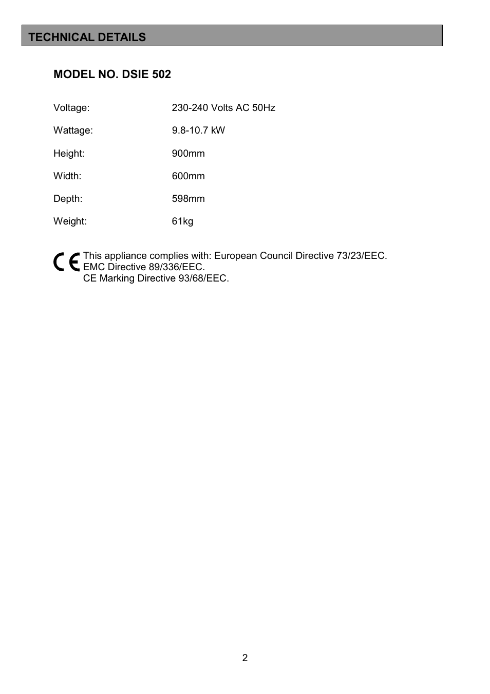 Tricity Bendix DSIE502 User Manual | Page 2 / 32