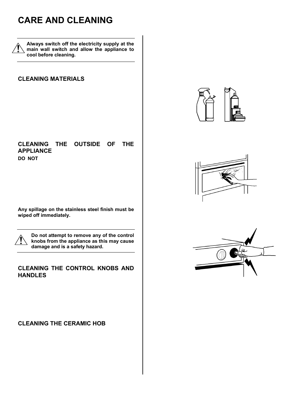 Care and cleaning, Cleaning materials, Cleaning the outside of the appliance | Cleaning the control knobs and handles, Cleaning the ceramic hob | Tricity Bendix SE501 User Manual | Page 17 / 28