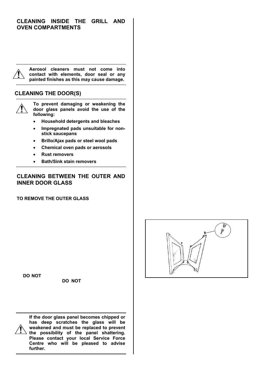 20 cleaning inside the grill and oven compartments, Cleaning the door(s), Cleaning between the outer and inner door glass | Tricity Bendix SE501 User Manual | Page 20 / 28