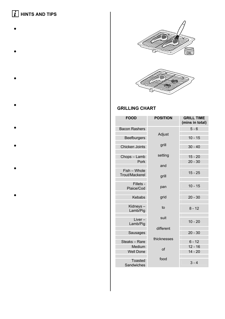 9hints and tips, Grilling chart | Tricity Bendix SE501 User Manual | Page 9 / 28