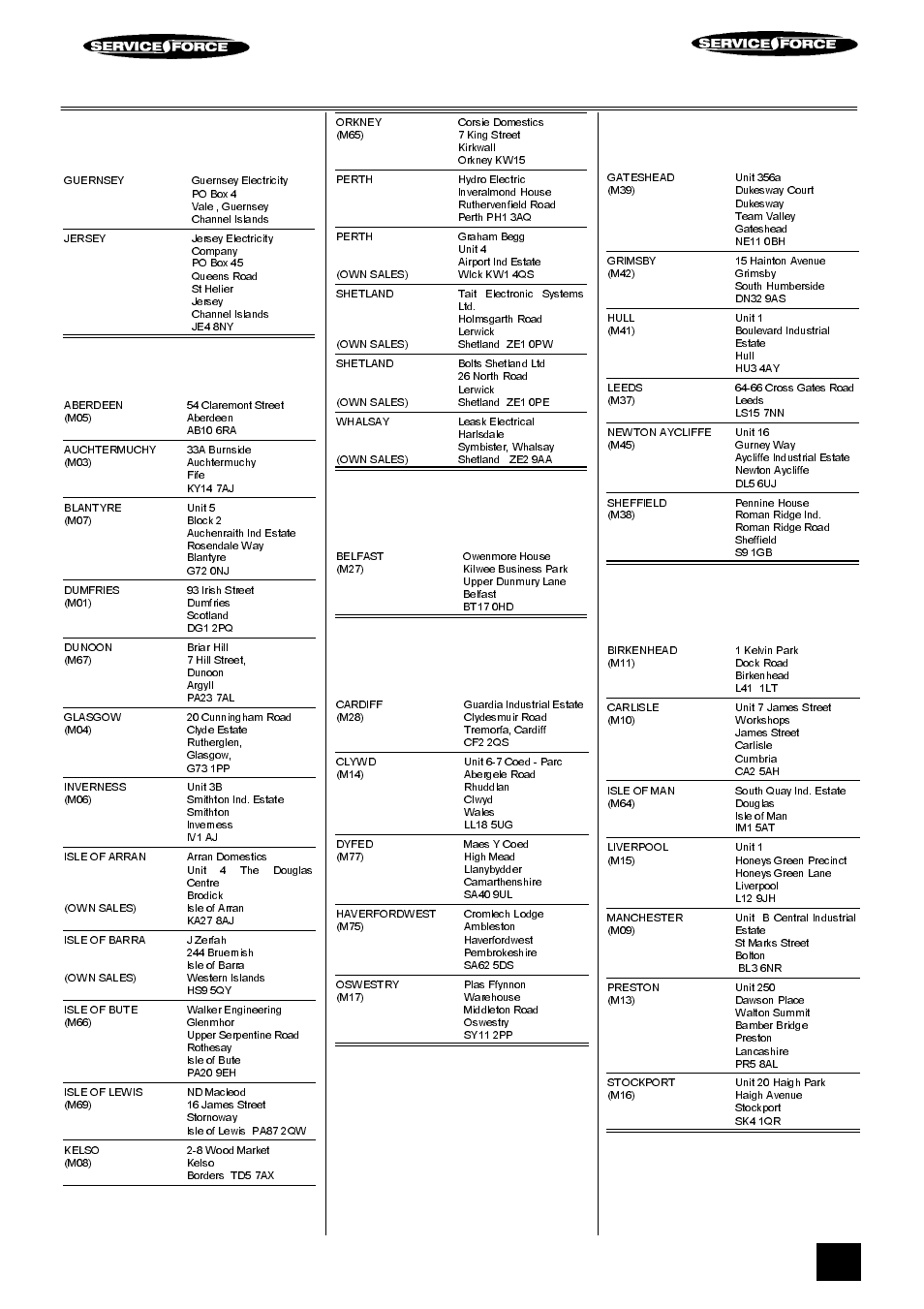 Tricity bendix service force, Channel islands, Scotland | Northern ireland, Wales, North east, North west | Tricity Bendix RE60GC User Manual | Page 31 / 36