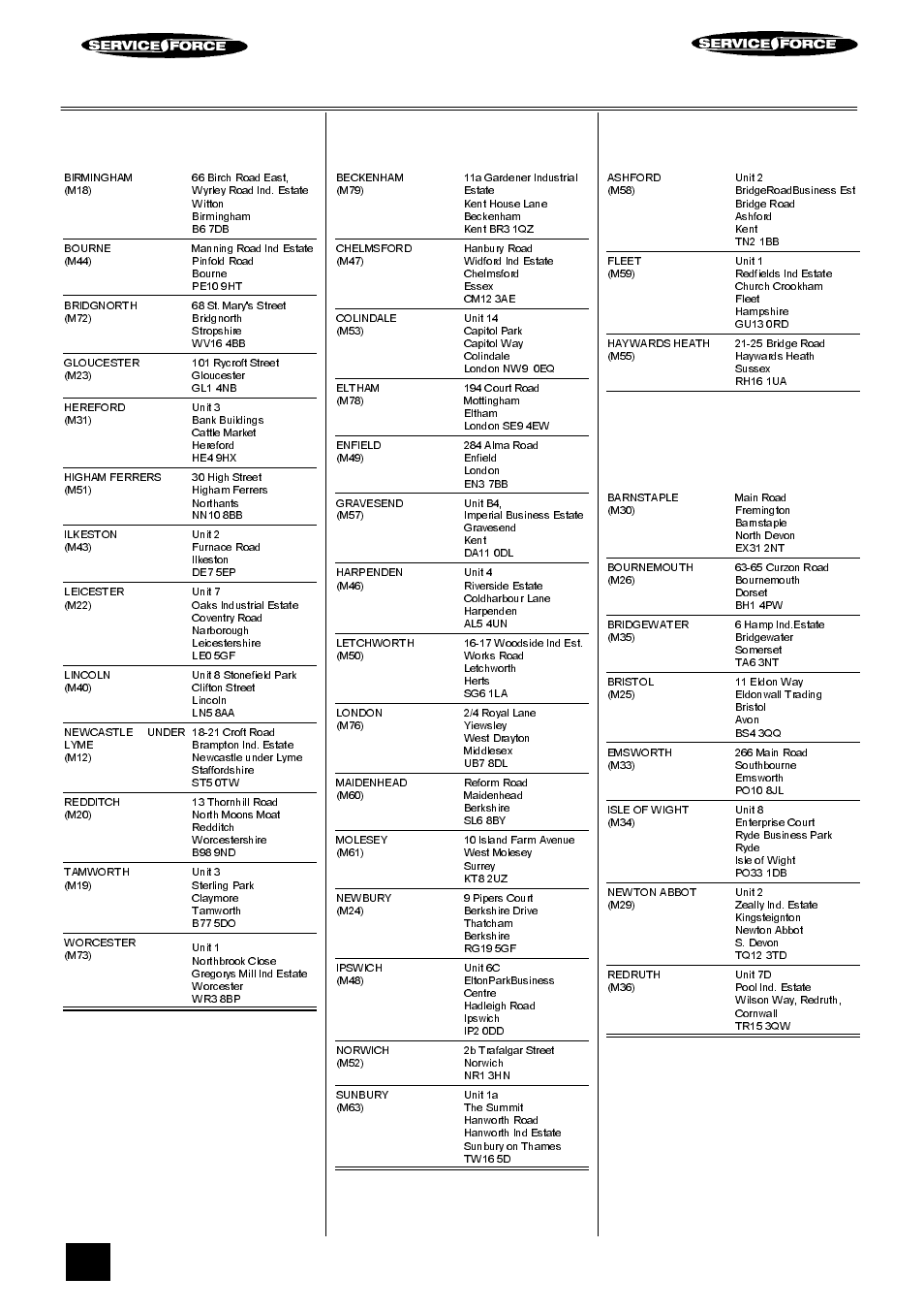 Tricity bendix service force, Midlands, London & east anglia | South east, South west | Tricity Bendix RE60GC User Manual | Page 32 / 36