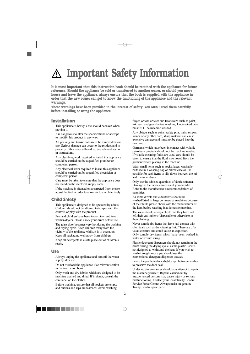 Important safety information, Installation, Child safety | Tricity Bendix WDR 1040 W User Manual | Page 2 / 28