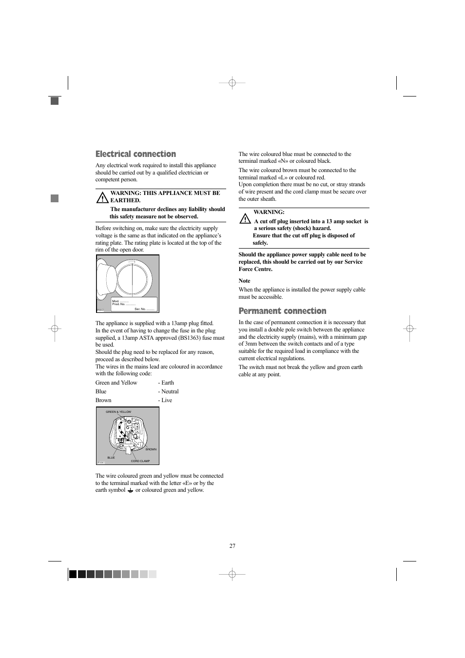 Electrical connection, Permanent connection, Mod. .......... prod. no. ........... ser. no | Tricity Bendix WDR 1040 W User Manual | Page 27 / 28