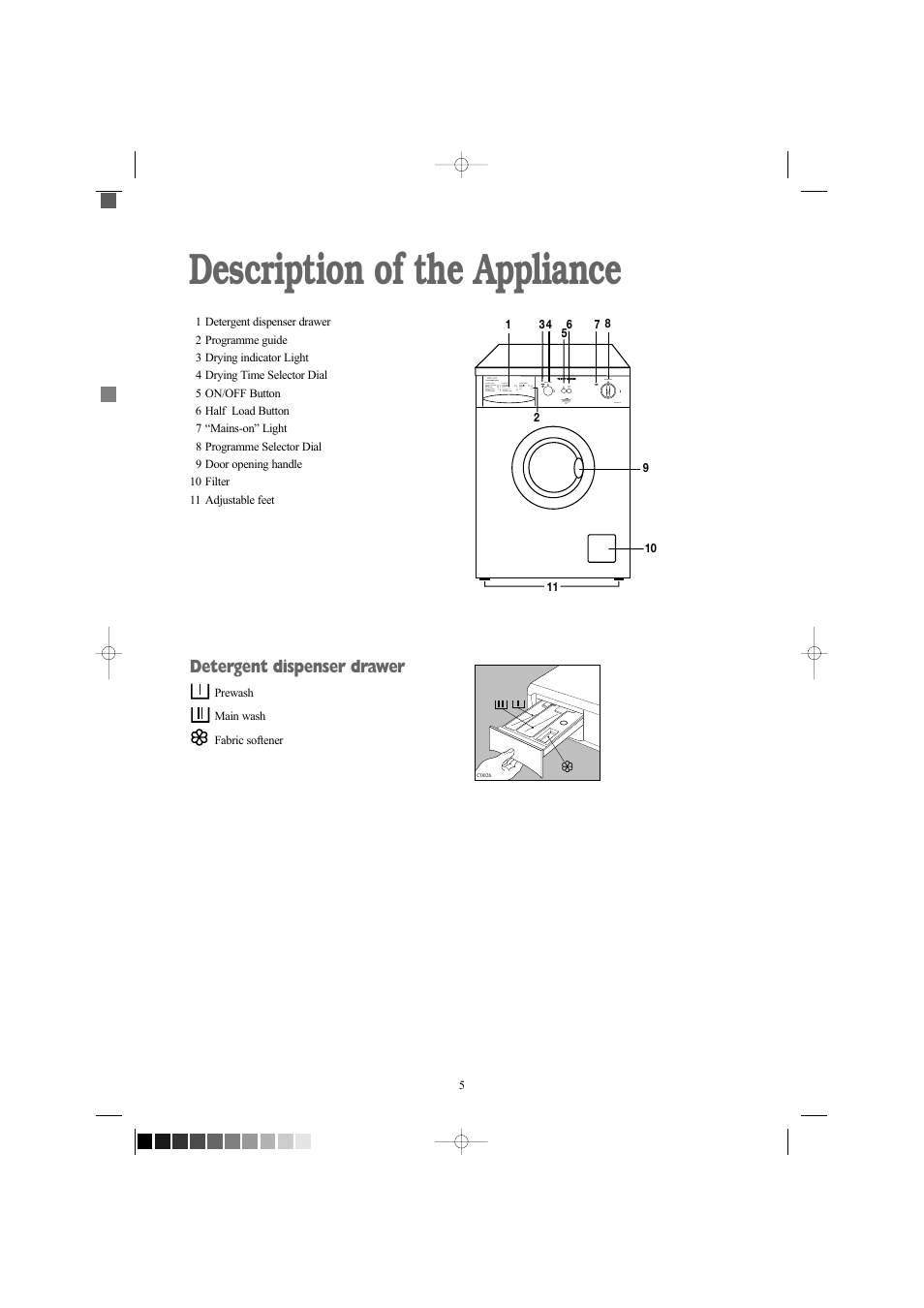 Description of the appliance, Detergent dispenser drawer | Tricity Bendix WDR 1040 W User Manual | Page 5 / 28