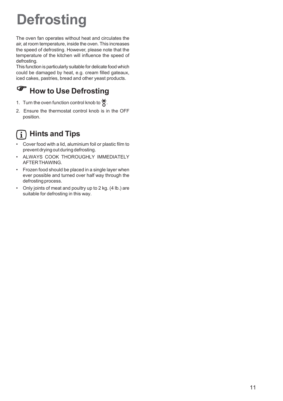 Defrosting | Tricity Bendix TBF 610 User Manual | Page 11 / 20