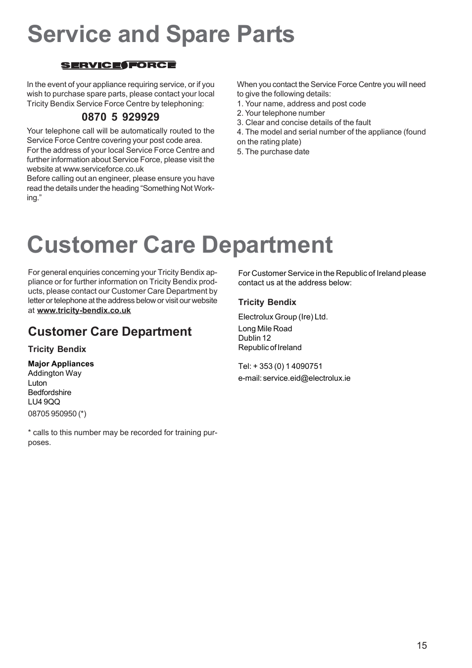 Service and spare parts, Customer care department | Tricity Bendix TBF 610 User Manual | Page 15 / 20