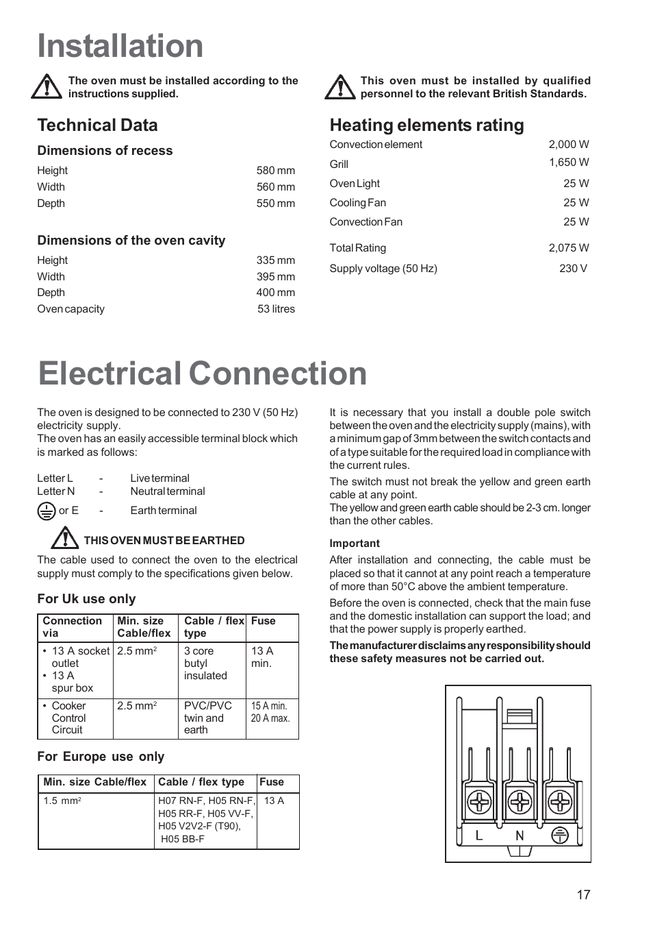 Electrical connection installation, Heating elements rating, Technical data | Tricity Bendix TBF 610 User Manual | Page 17 / 20