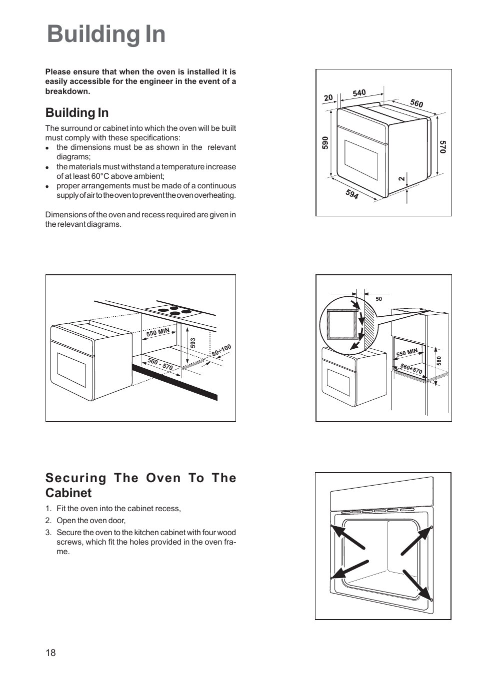 Building in, Securing the oven to the cabinet | Tricity Bendix TBF 610 User Manual | Page 18 / 20