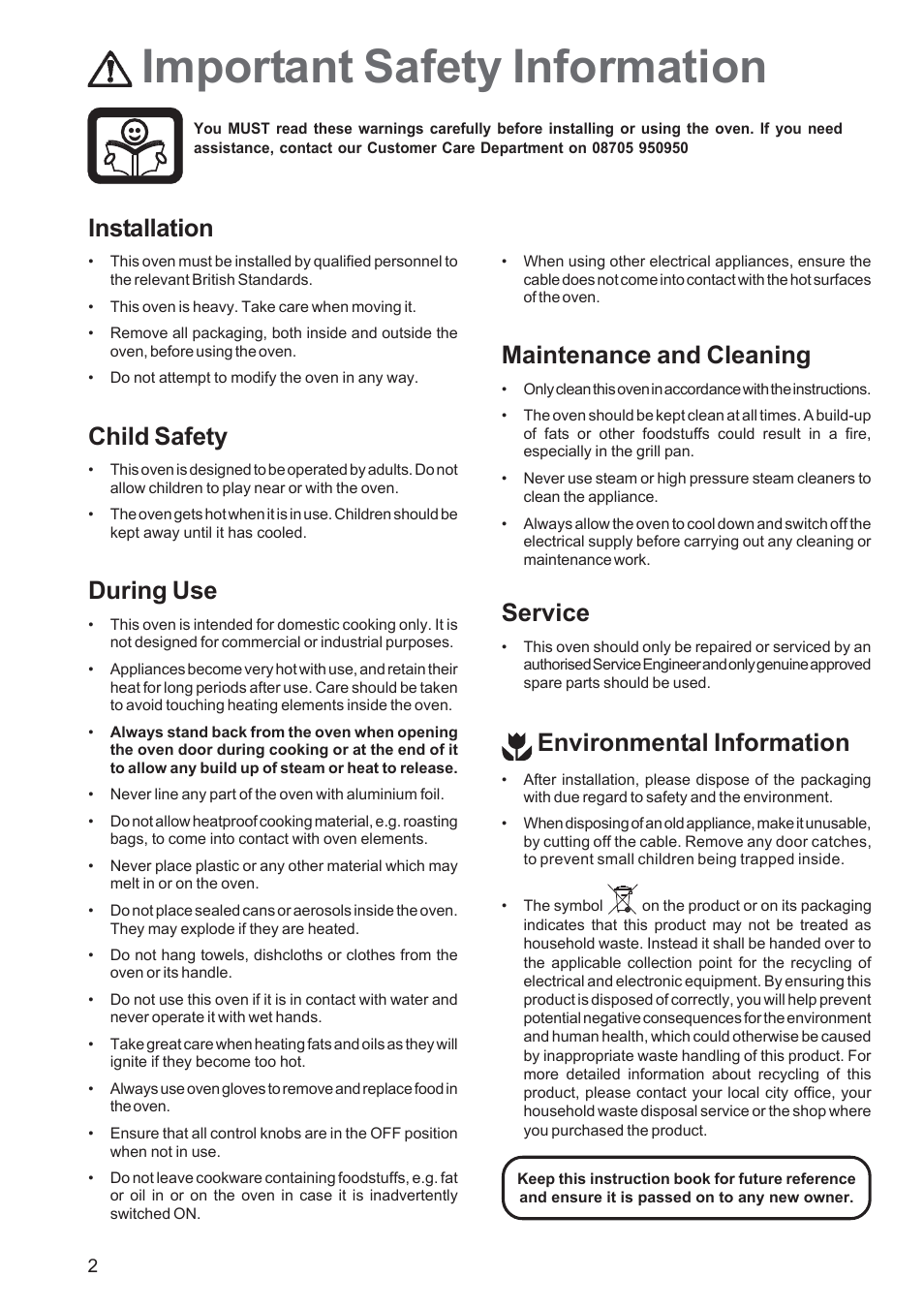 Important safety information, Installation, Child safety | During use, Maintenance and cleaning, Service, Environmental information | Tricity Bendix TBF 610 User Manual | Page 2 / 20