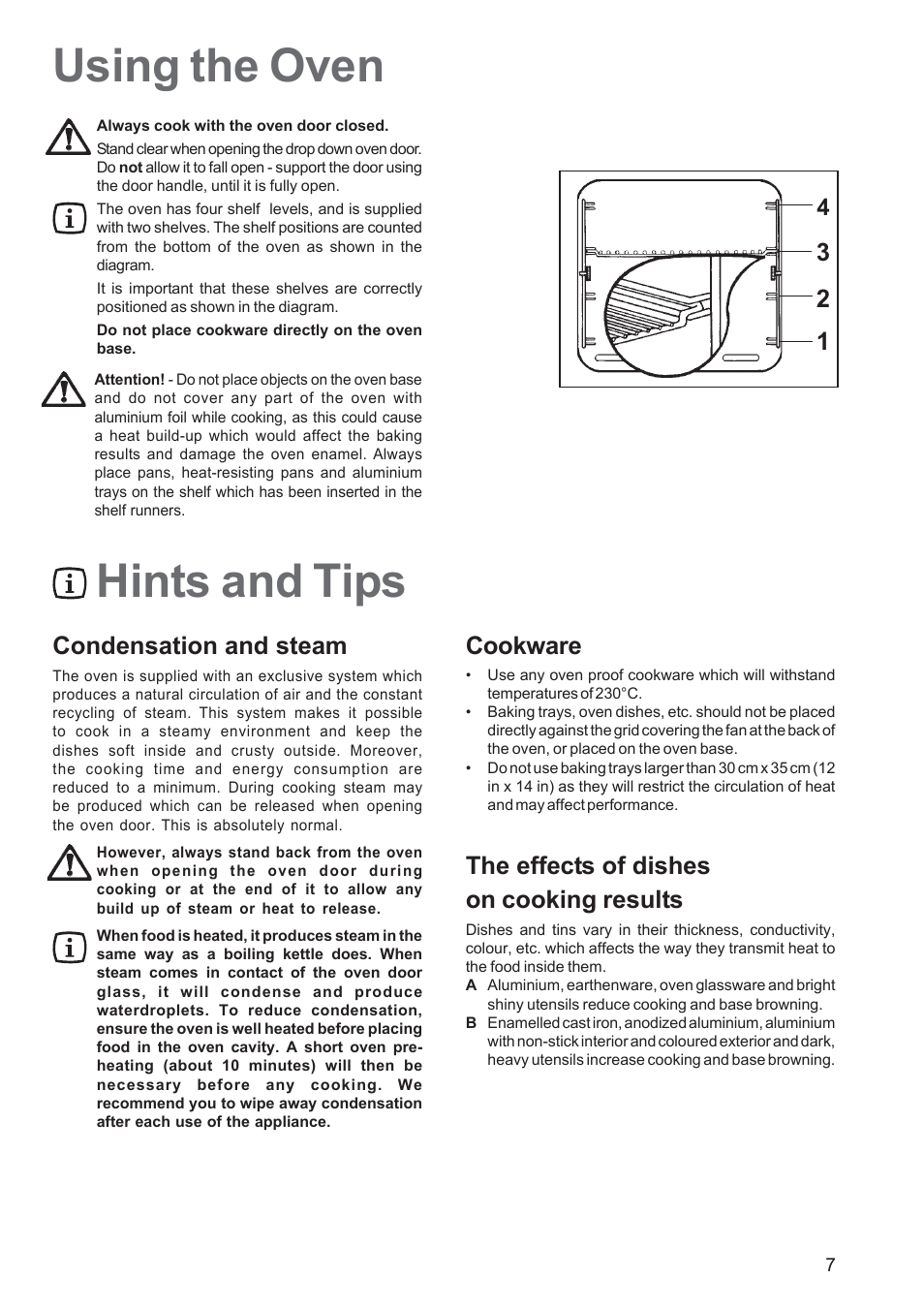 Hints and tips using the oven, Condensation and steam, Cookware | The effects of dishes on cooking results | Tricity Bendix TBF 610 User Manual | Page 7 / 20