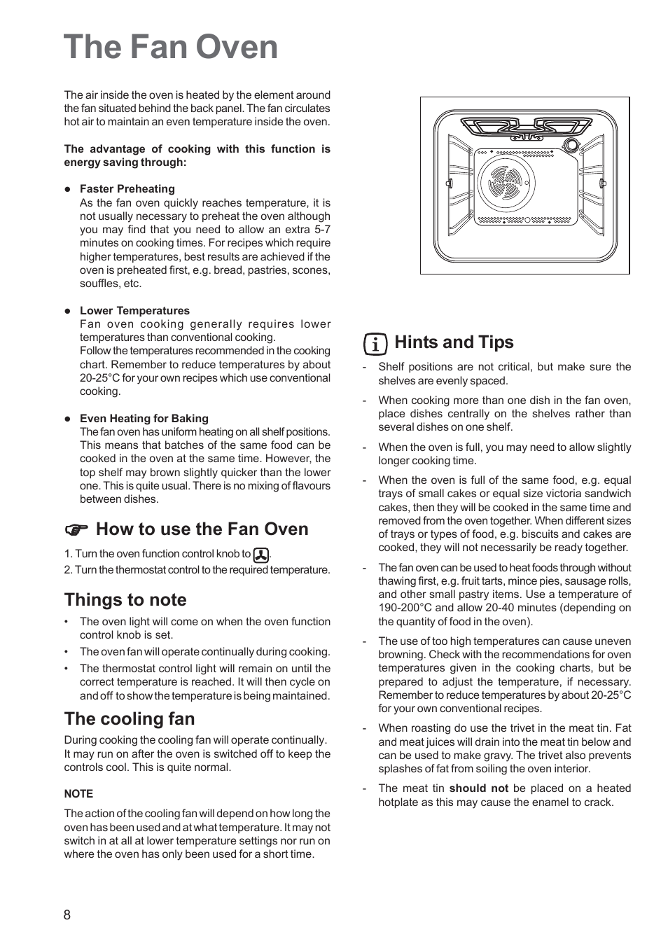 The fan oven, How to use the fan oven, The cooling fan | Hints and tips | Tricity Bendix TBF 610 User Manual | Page 8 / 20