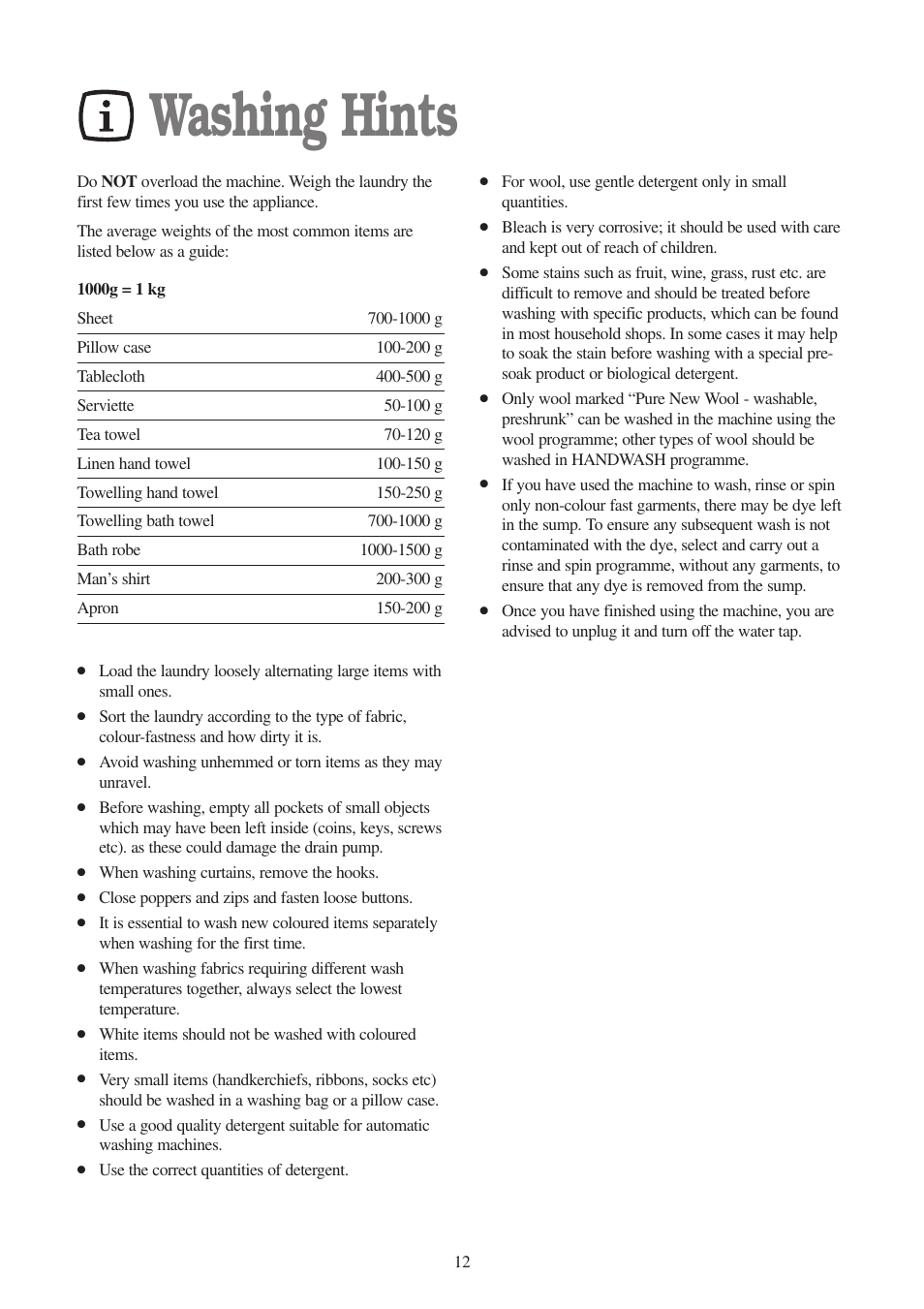 Washing hints | Tricity Bendix BIW 104 W User Manual | Page 12 / 28