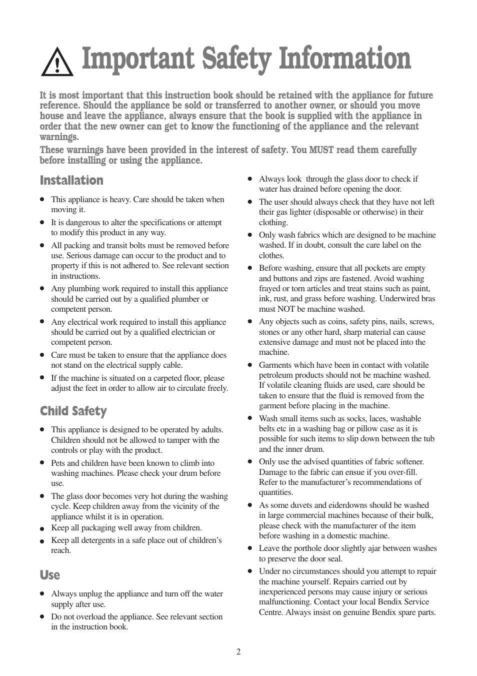 Important safety information, Installation, Child safety | Tricity Bendix BIW 104 W User Manual | Page 2 / 28