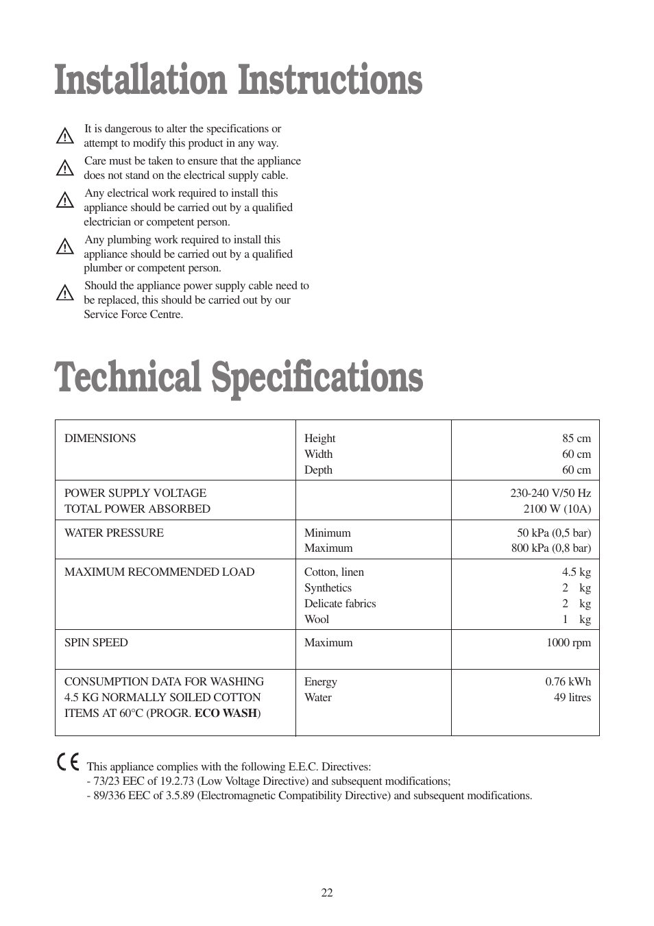 Installation instructions technical specifications | Tricity Bendix BIW 104 W User Manual | Page 22 / 28