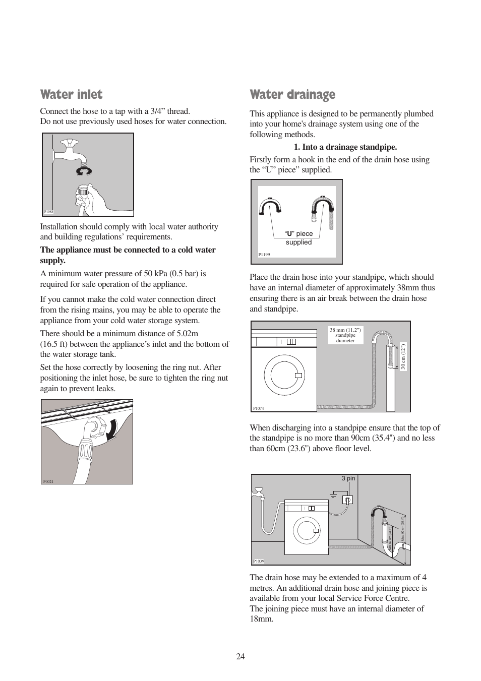 Water inlet, Water drainage | Tricity Bendix BIW 104 W User Manual | Page 24 / 28