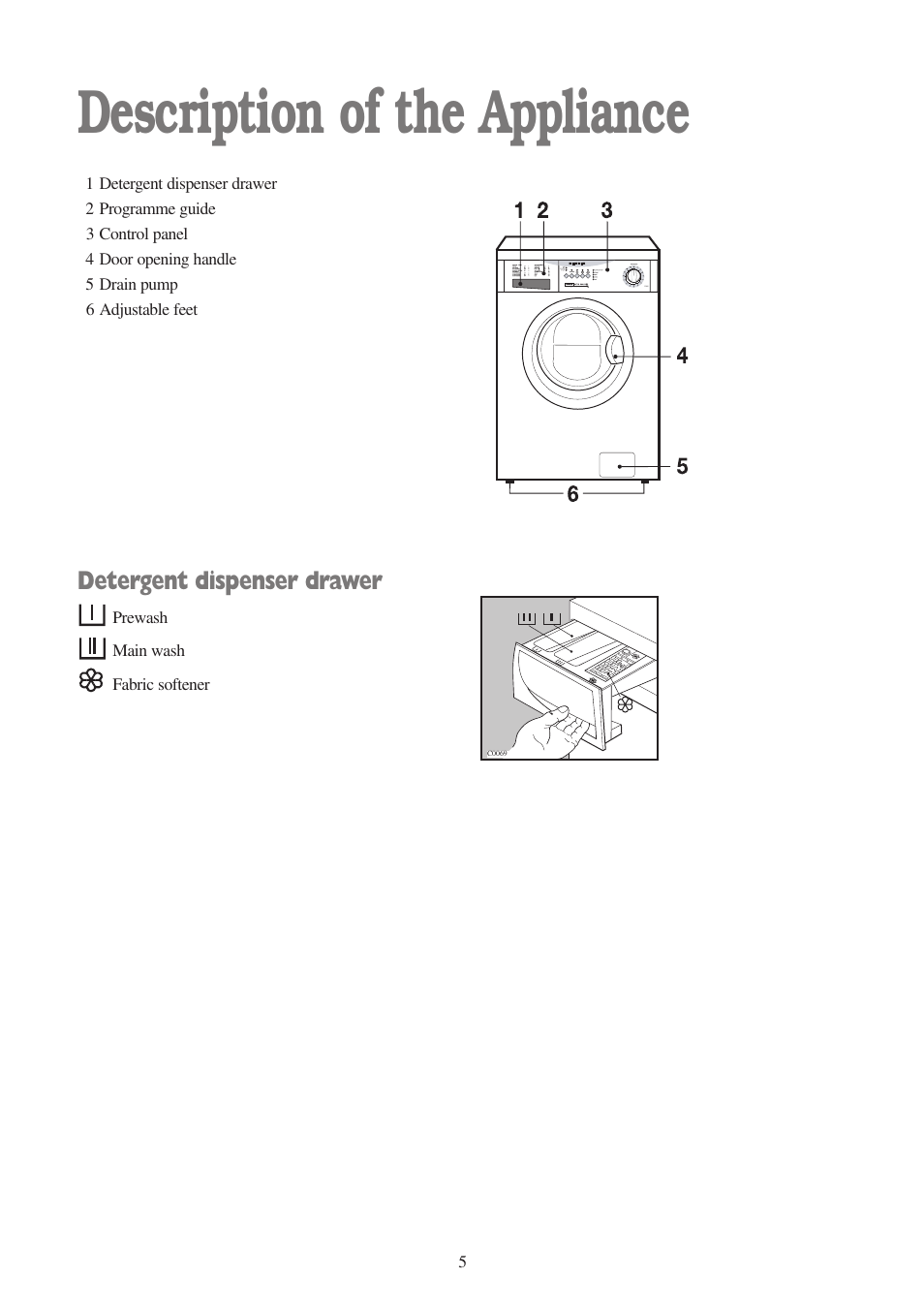 Description of the appliance, Detergent dispenser drawer | Tricity Bendix BIW 104 W User Manual | Page 5 / 28