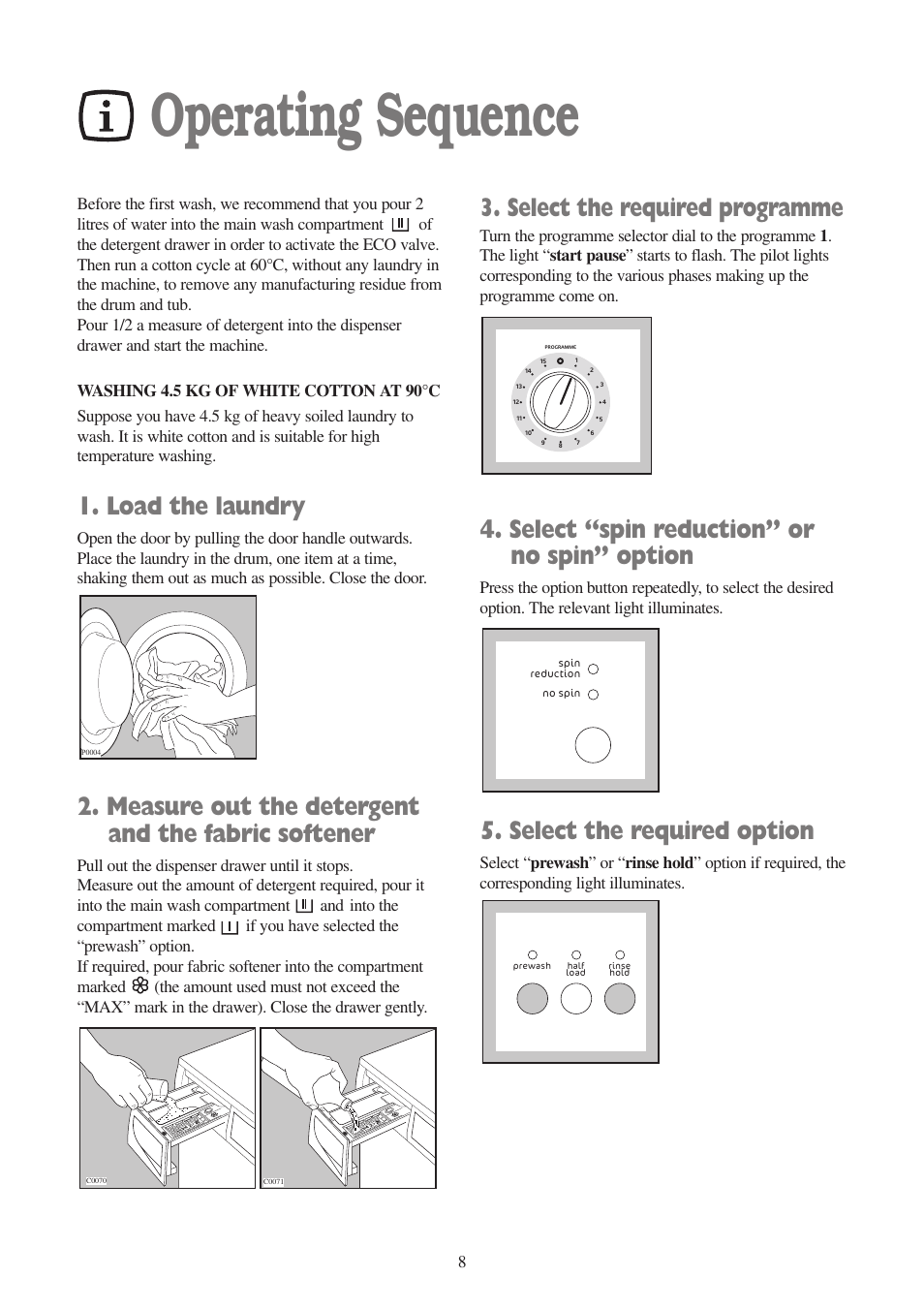 Operating sequence, Load the laundry, Measure out the detergent and the fabric softener | Select the required programme, Select “spin reduction” or no spin” option, Select the required option | Tricity Bendix BIW 104 W User Manual | Page 8 / 28