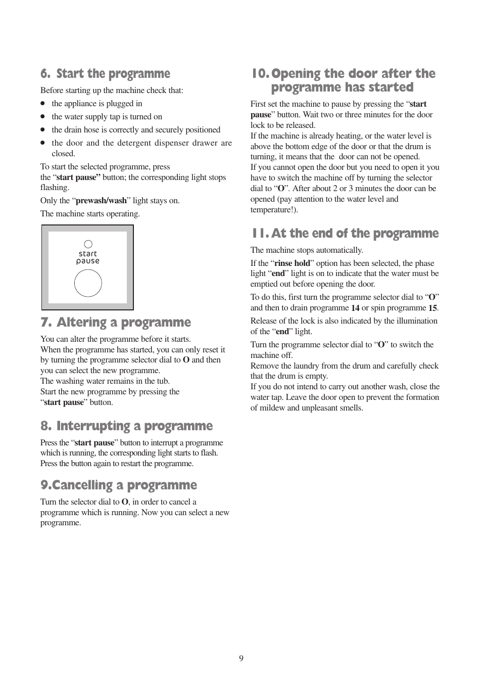 Start the programme, Altering a programme, Interrupting a programme | Cancelling a programme, Opening the door after the programme has started, At the end of the programme | Tricity Bendix BIW 104 W User Manual | Page 9 / 28