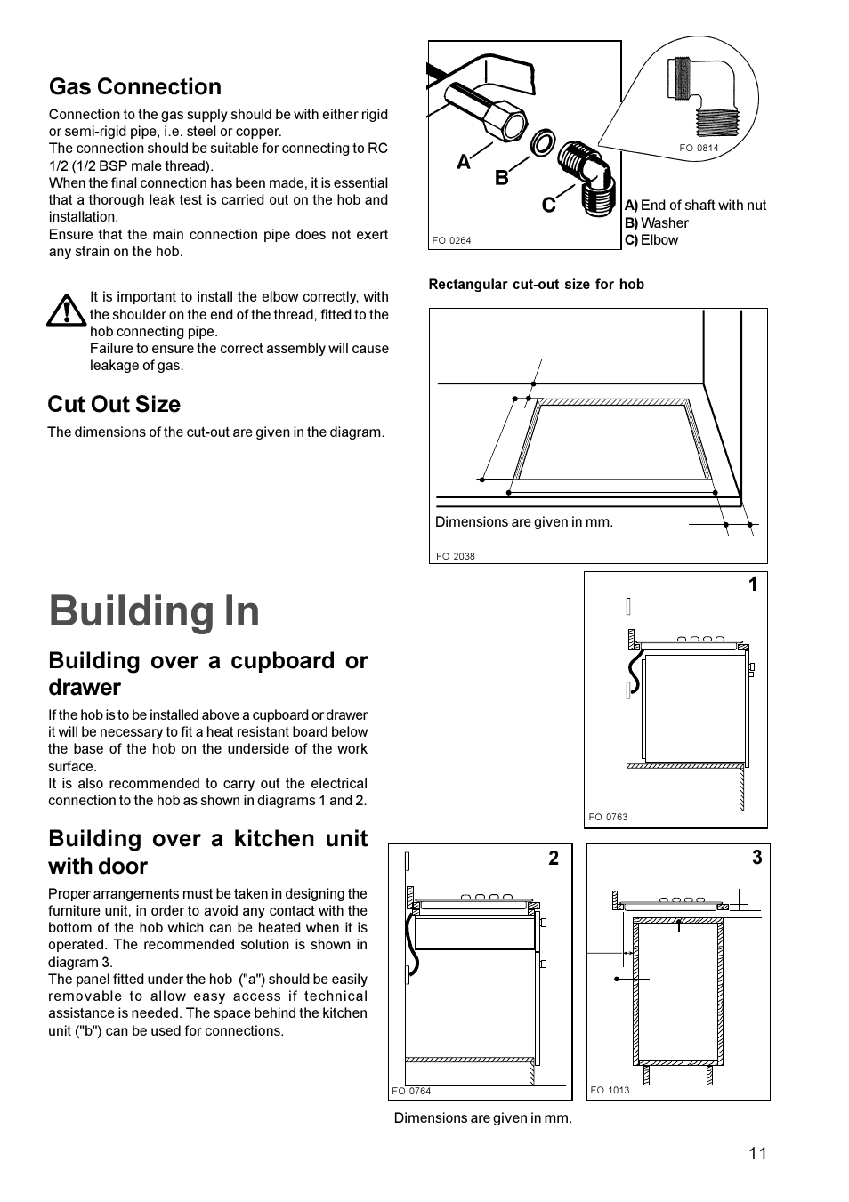 Building in, Building over a cupboard or drawer, Building over a kitchen unit with door | Gas connection, Cut out size | Tricity Bendix TBG 750 User Manual | Page 11 / 16