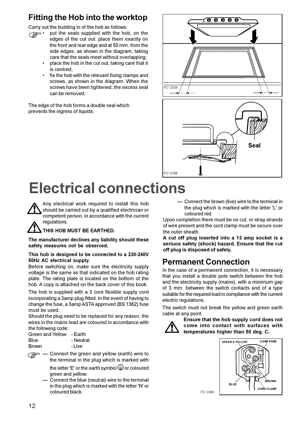 Felectrical connections, Permanent connection, Fitting the hob into the worktop | Tricity Bendix TBG 750 User Manual | Page 12 / 16