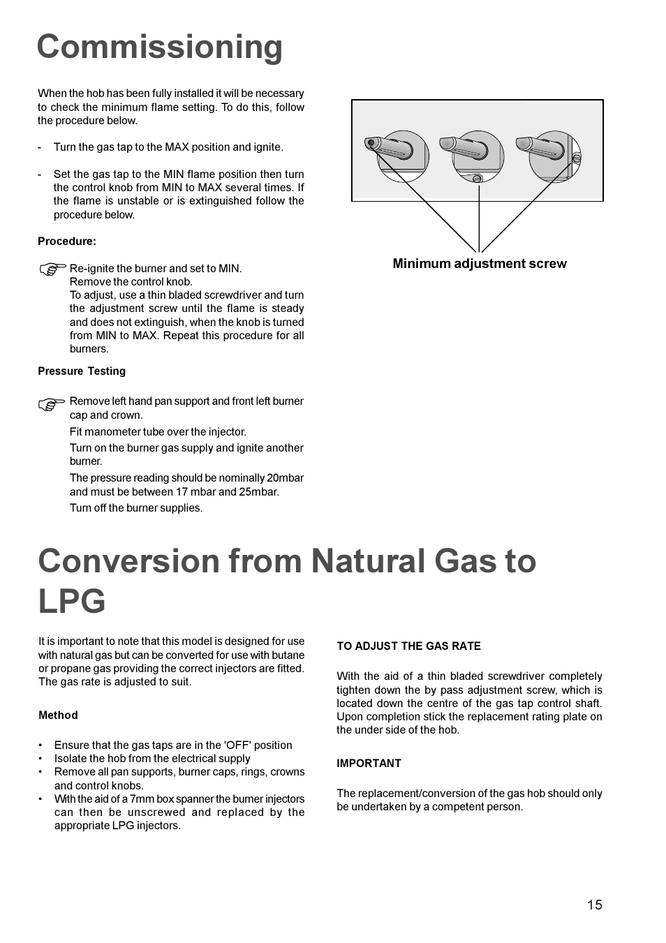 Commissioning, Fconversion from natural gas to lpg | Tricity Bendix TBG 750 User Manual | Page 15 / 16