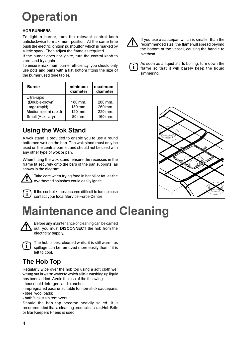 Operation, Maintenance and cleaning, Using the wok stand | The hob top | Tricity Bendix TBG 750 User Manual | Page 4 / 16