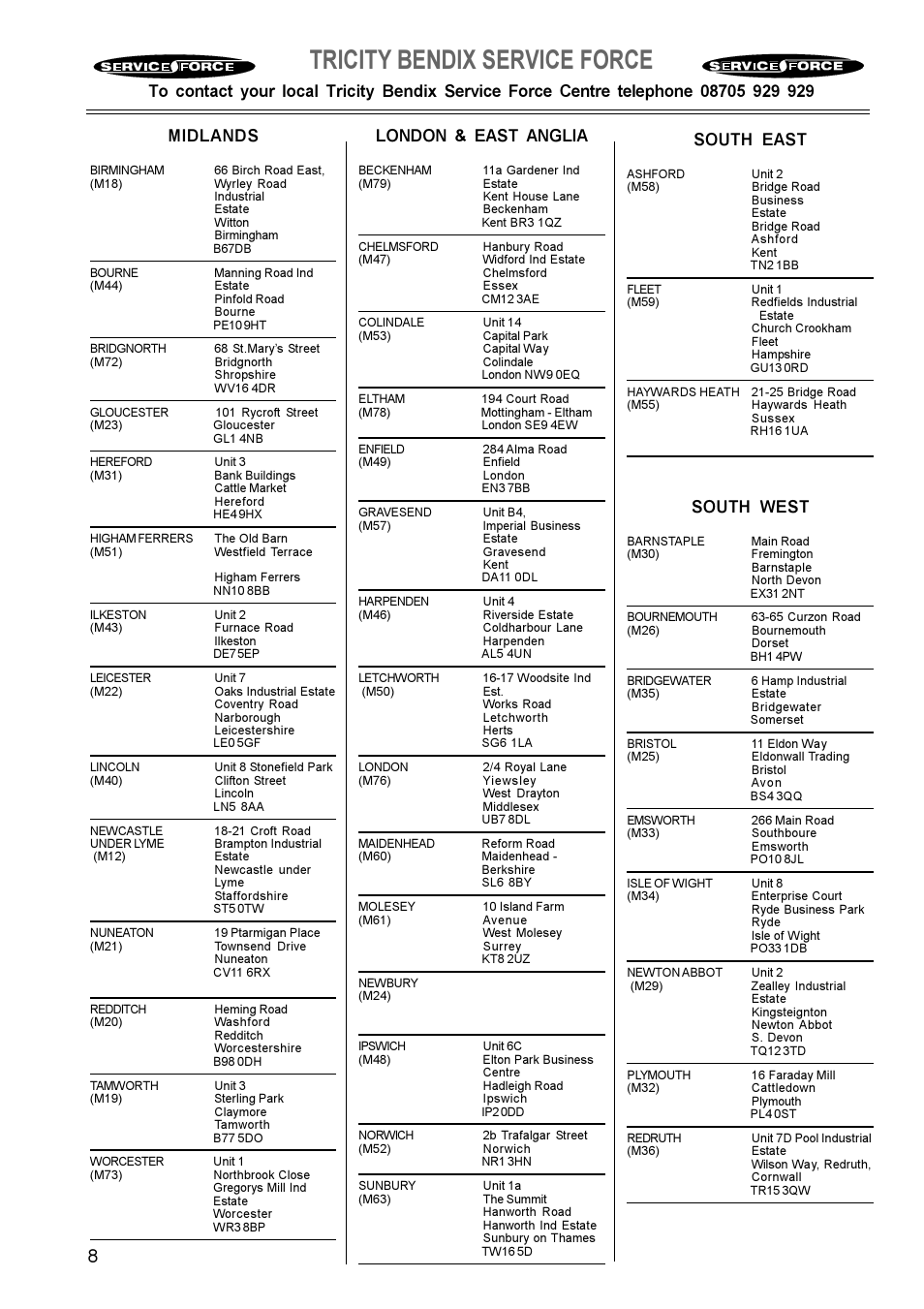 Tricity bendix service force, London & east anglia, South east | South west | Tricity Bendix TBG 750 User Manual | Page 8 / 16